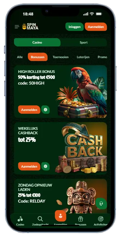 SpinMaya Casino – Bonusaanbiedingen SpinMaya casino bonuspagina op mobiel met drie aanbiedingen: High Roller Bonus 50% korting tot €500 met code 50HIGH, Wekelijks Cashback tot 25% en Zondag Opnieuw Laden 25% tot €100 met code RELDAY