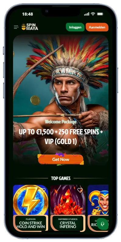 SpinMaya Casino – Mobiele App SpinMaya casino mobiele app met een indiaans thema en een welkomstpakket banner van tot €1.500 plus 250 gratis spins en VIP Gold 1, met daaronder een overzicht van populaire gokkasten