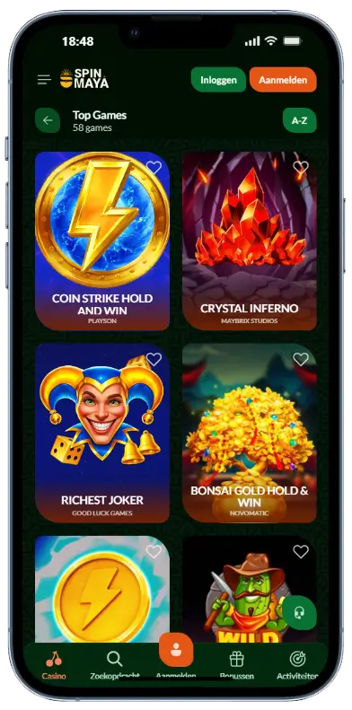 SpinMaya Casino – Populaire Gokkasten SpinMaya casino mobiele app met de sectie Top Games die 58 populaire gokkasten toont, waaronder Coin Strike Hold and Win, Crystal Inferno, Richest Joker en Bonsai Gold Hold & Win