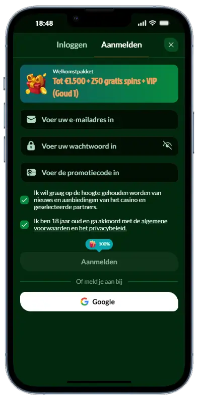 SpinMaya Casino – Aanmeldpagina SpinMaya casino registratieformulier op mobiel met velden voor e-mailadres, wachtwoord en promotiecode, plus een welkomstbonusbanner van tot €1.500 + 250 gratis spins en VIP Gold 1